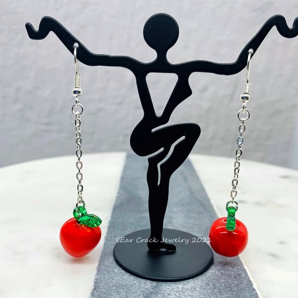 Red Apple Fruit Dangle Earrings - Picture 3 of 6